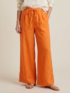 Zara Orange Linen Wide-Leg Drawstring Pants